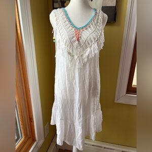 NWT Cupshe Swim Coverup Dress Boho Crochet Pom Pom Fringe Tassel White One Size